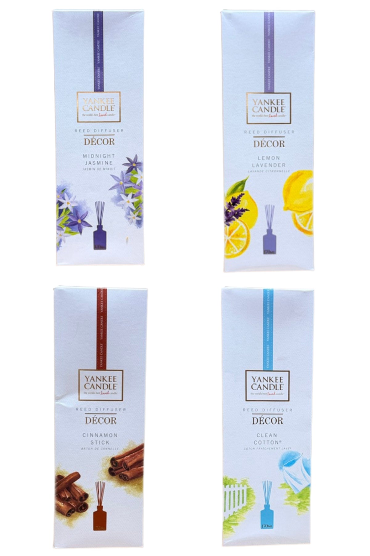 Reed diffuser in various scents with a glass bottle and reed sticks