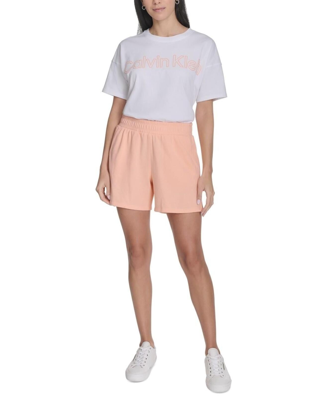 Calvin Klein Performance Women's French Terry Smocked-Waist Shorts - Peach Nectar