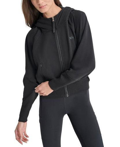 Dkny Women's Embroidered-Logo Cropped Zip-Front Fleece Hoodie - Black