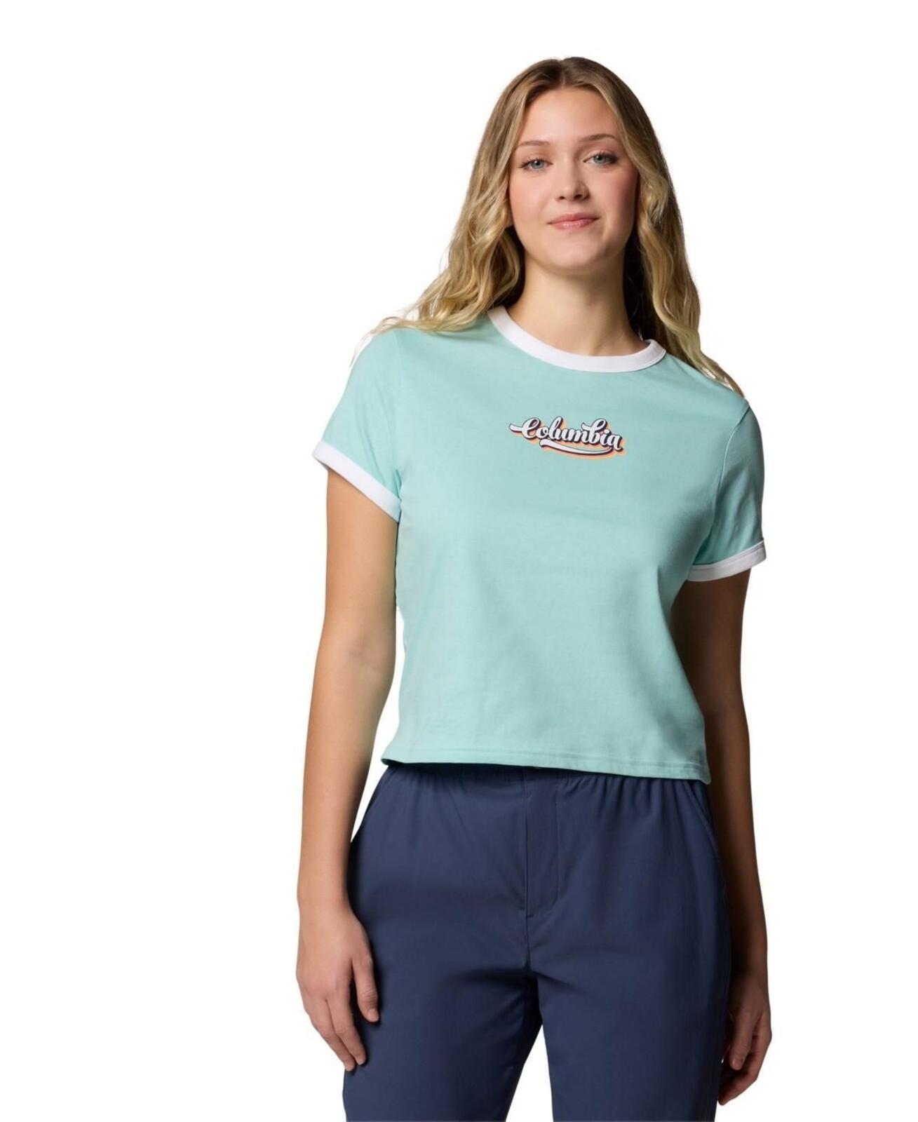 Columbia Women's Rolling Bend Graphic Ringer Top - Spray, Elevated Script