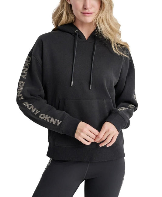 Dkny Sport Women's Rhinestone Logo Fleece Hoodie - Black/Gunmetal