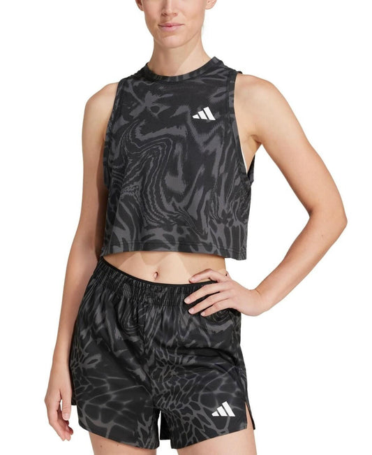 Adidas Women Printed Climacool Cropped Tank Top - Black Gray Swirl - L