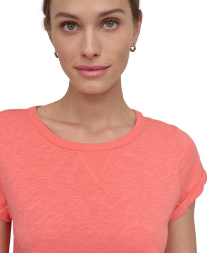Dkny Sport Women's V-Inset Roll-Sleeve T-Shirt - Coral Crush