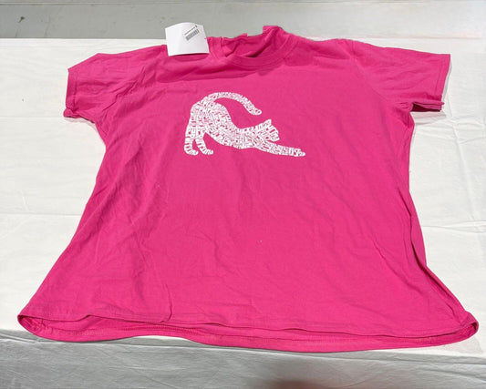 LA Pop Art Women's Stretching Cat Word Art T-Shirt in pink.