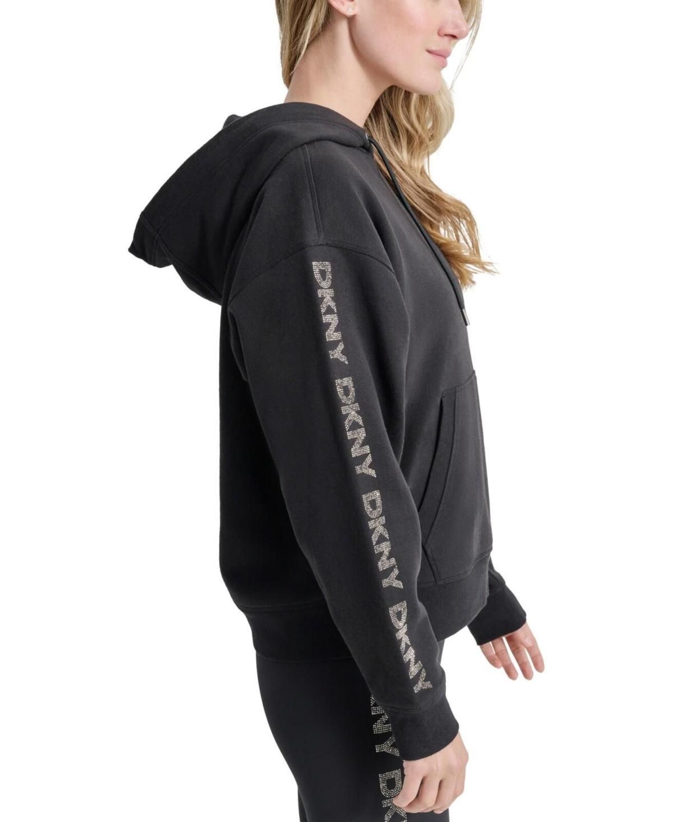 Dkny Sport Women's Rhinestone Logo Fleece Hoodie - Black/Gunmetal
