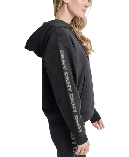 Dkny Sport Women's Rhinestone Logo Fleece Hoodie - Black/Gunmetal