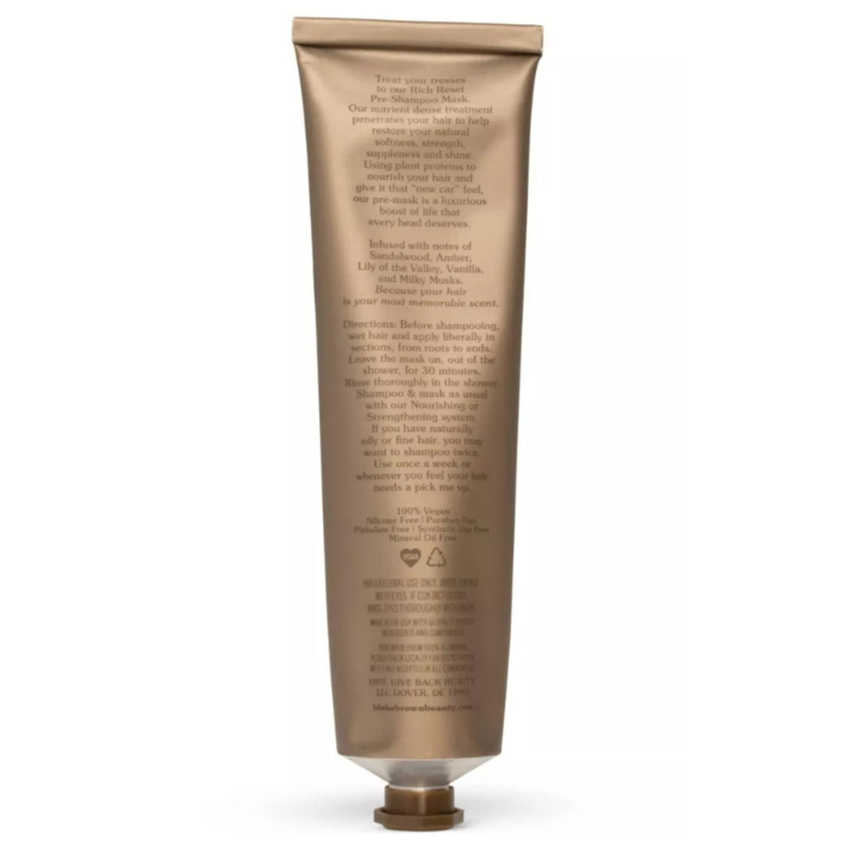 Back view of Blake Brown Rich Reset Pre-Shampoo Mask tube showing instructions and ingredients.