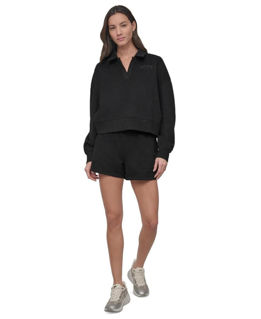 Dkny Sport Women's Varsity Embroidered Logo Smocked 4" Shorts - Black