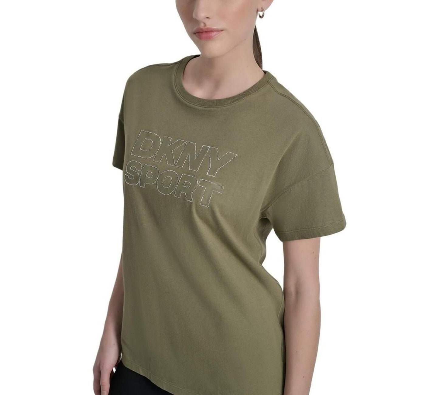 Dkny Sports Women's Rhinestone-Logo Drop-Shoulder T-Shirt - Utility Green