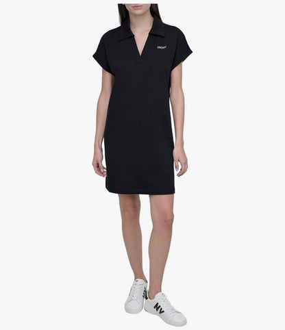 DKNY Womens Studded Logo Short Sleeve Collared V-neck T-shirt Dress