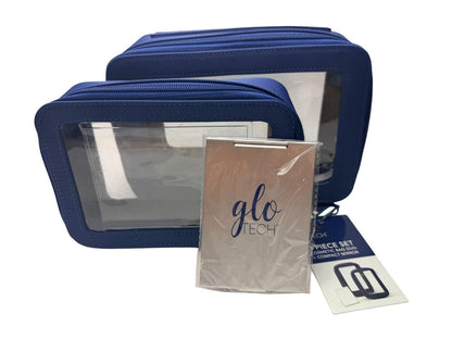 Glo Tech 3 Piece Set Cosmetic Bag Duo Compact Mirror Travel Organizer Navy Blue