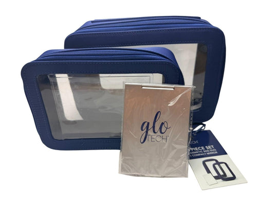 Glo Tech 3 Piece Set Cosmetic Bag Duo Compact Mirror Travel Organizer Navy Blue