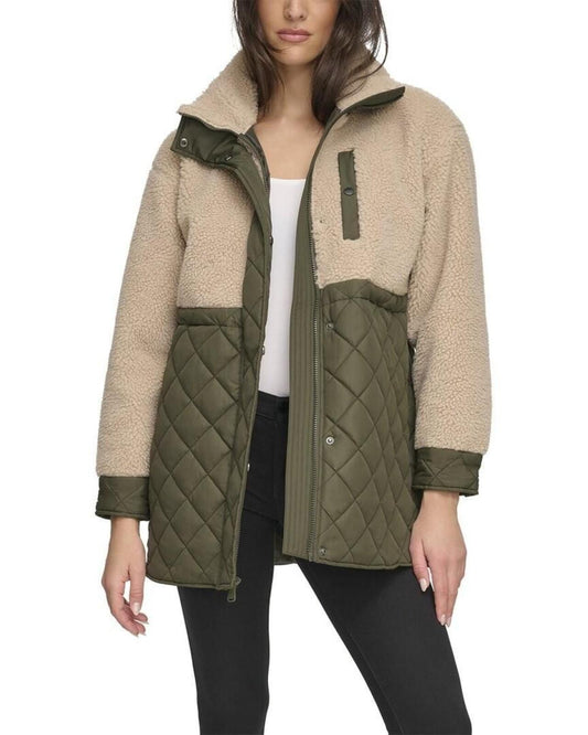 Andrew Marc Sport Women's Sherpa Trim Longline Quilted Jacket - Beige Multicolor