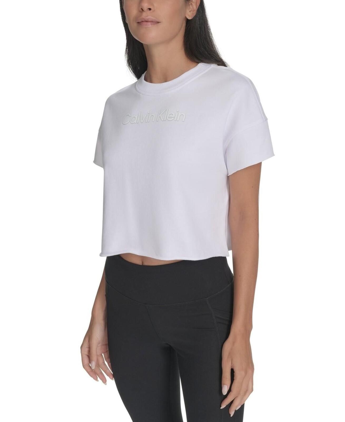 Calvin Klein Performance Women's French Terry 2-Tone Logo Crop T-Shirt - Wh Blue Su