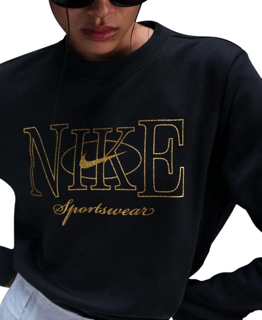 Nike Women's Sportswear Club Fleece Shine Crewneck Sweatshirt - Black