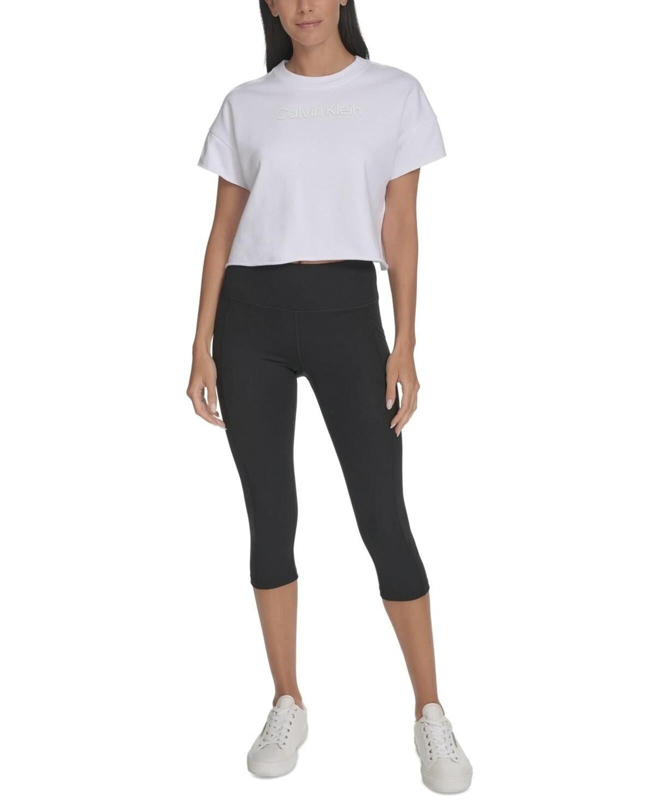 Calvin Klein Performance Women's French Terry 2-Tone Logo Crop T-Shirt - Wh Blue Su