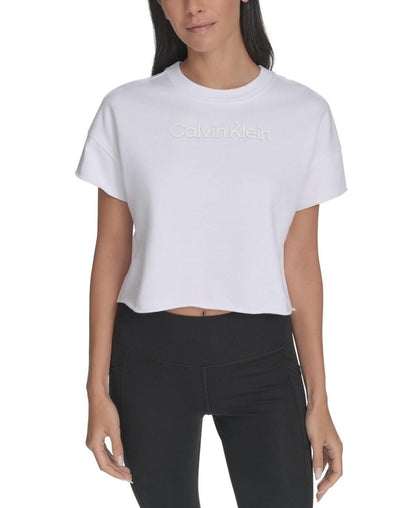 Calvin Klein Performance Women's French Terry 2-Tone Logo Crop T-Shirt - Wh Blue Su