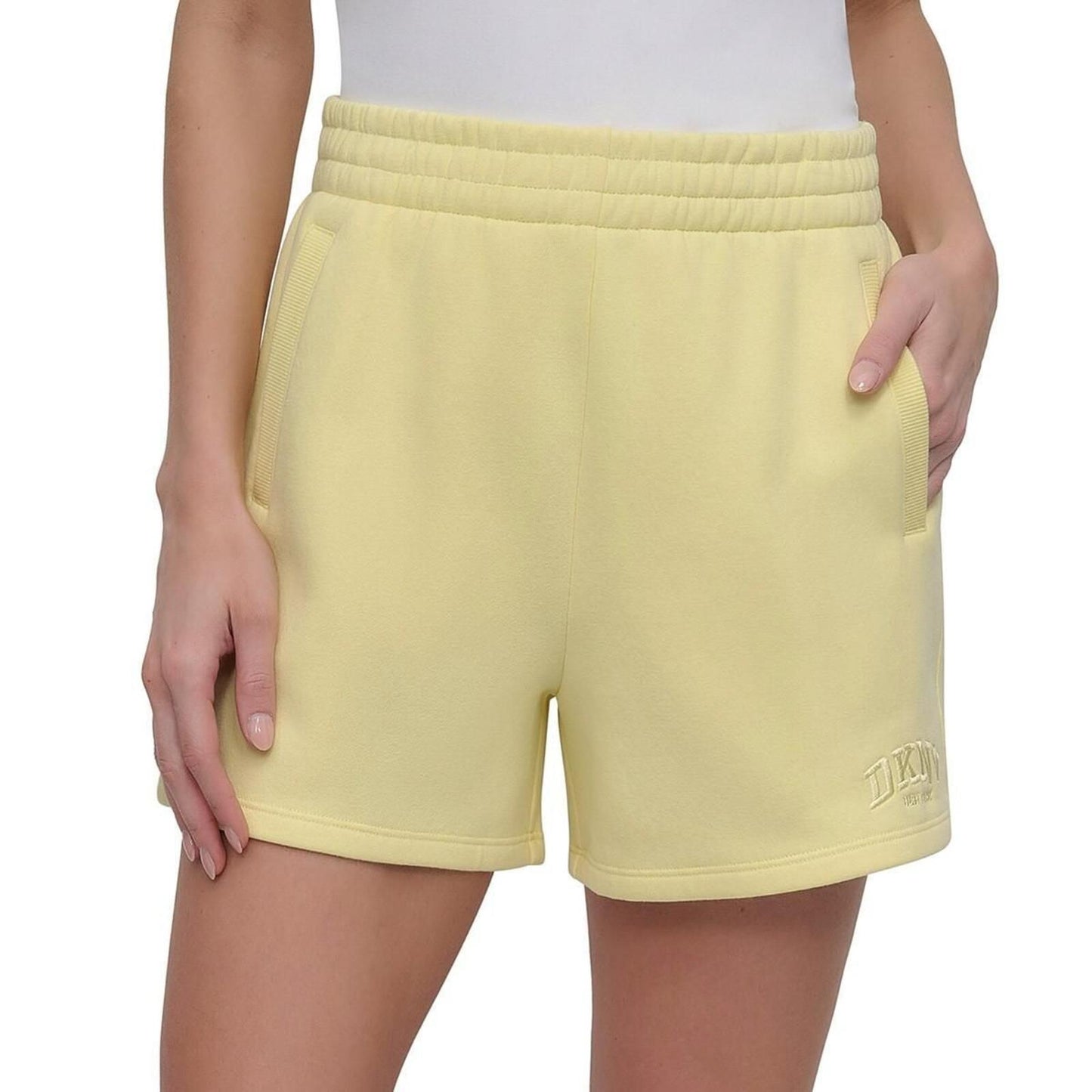 Dkny Sport Women's Varsity Embroidered Logo Smocked 4" Shorts - Citrus