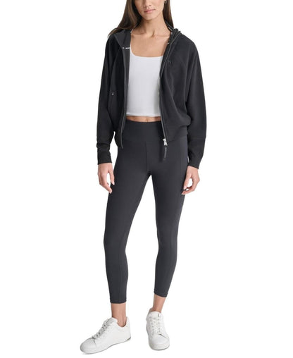 Dkny Women's Embroidered-Logo Cropped Zip-Front Fleece Hoodie - Black