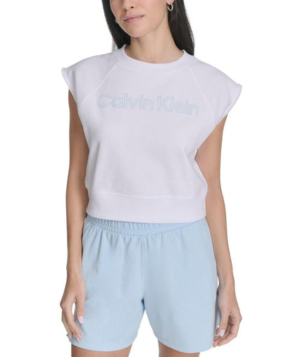 Calvin Klein Performance Women's Sleeveless Puff-Logo Cropped Top - White / Cool Blue