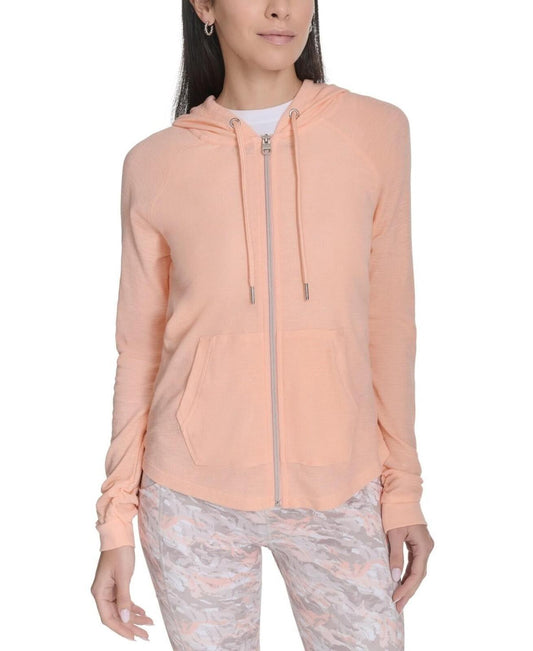Calvin Klein Performance Ruched-Sleeve Zip Hoodie - Peach Nectar