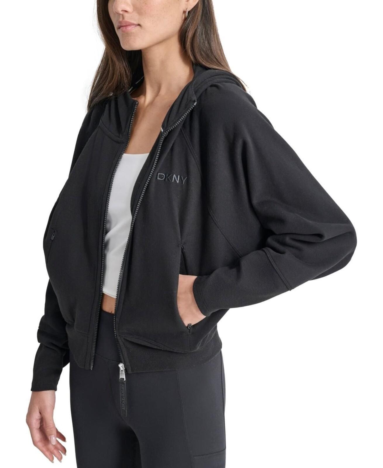 Dkny Women's Embroidered-Logo Cropped Zip-Front Fleece Hoodie - Black