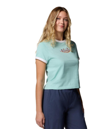 Columbia Women's Rolling Bend Graphic Ringer Top - Spray, Elevated Script