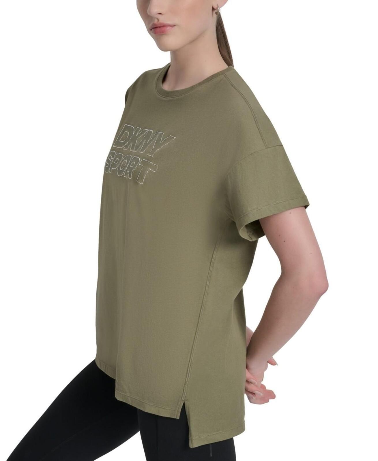 Dkny Sports Women's Rhinestone-Logo Drop-Shoulder T-Shirt - Utility Green