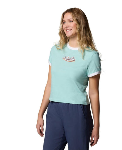 Columbia Women's Rolling Bend Graphic Ringer Top - Spray, Elevated Script