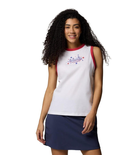 Columbia Women's Rolling Bend Graphic Ringer Tank Top - White, Elevated Patriot