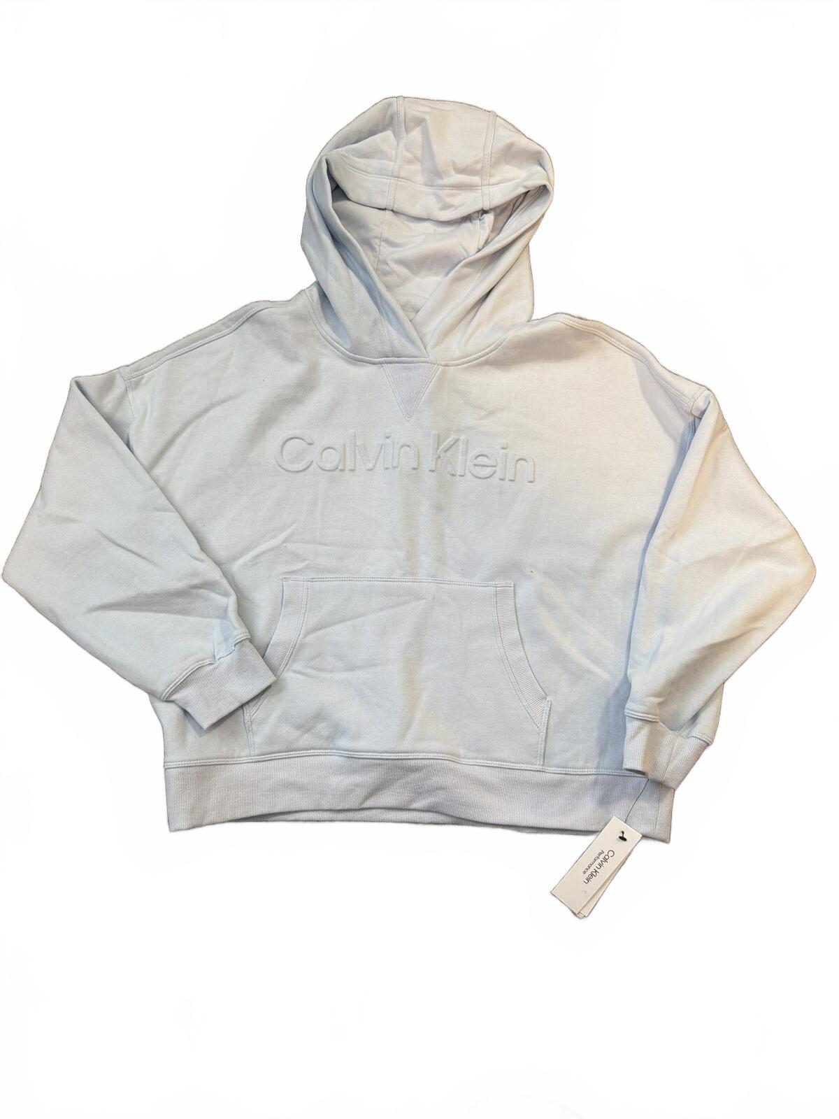 Calvin Klein Women's Metallic-Logo Dropped-Shoulder Hoodie in a light blue shade